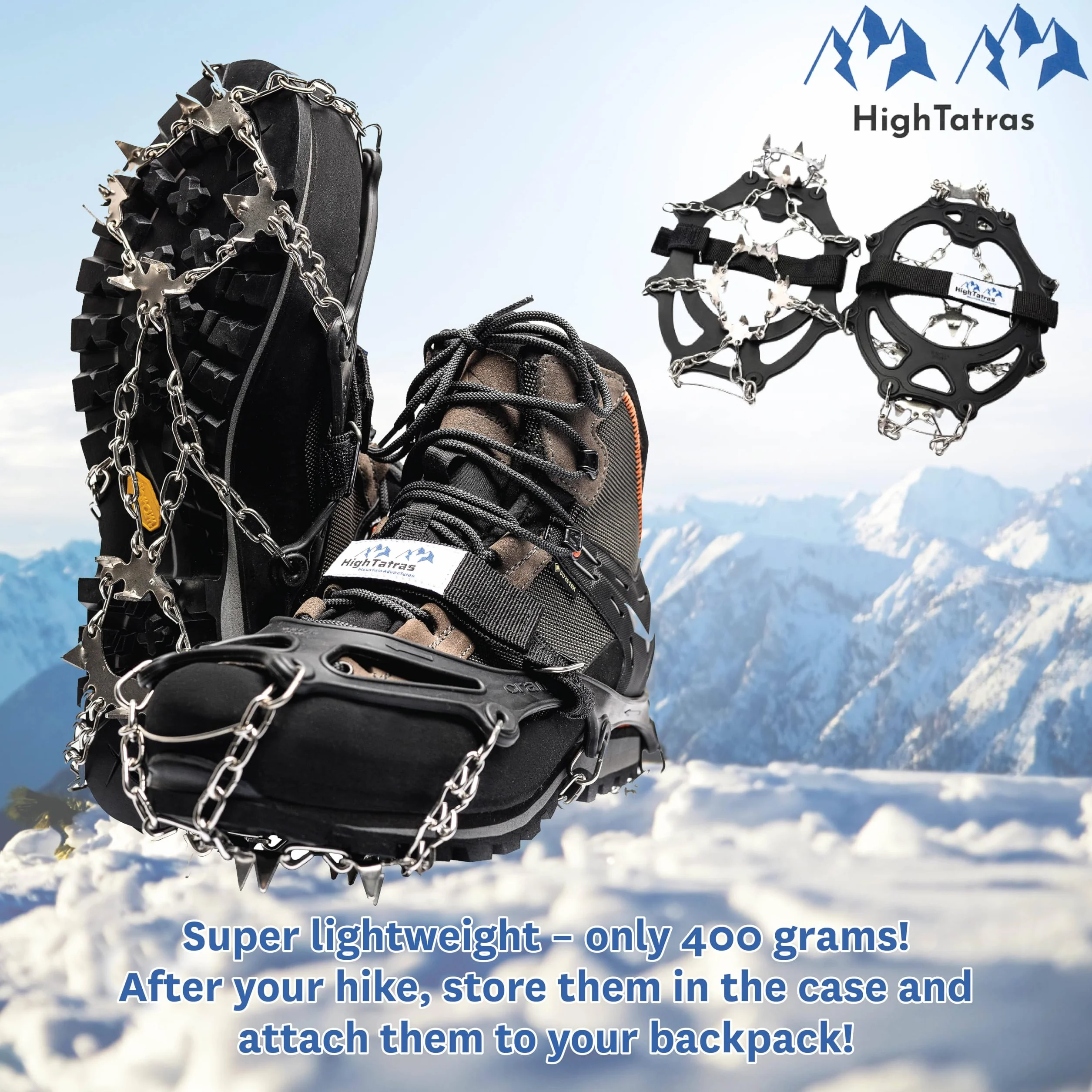 HighTatras Crampons Antidérapants 8 ou 18 Pointes Acier Inoxydable – Tailles M, L, XL – pour Chaussures – Glace, Neige, Marche, Randonnée, Trail, Sécurité Hiver