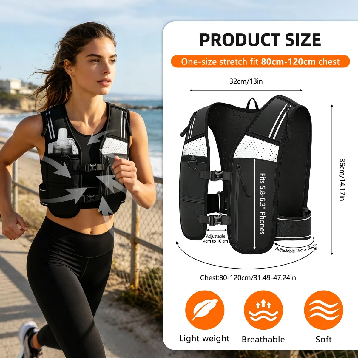 Gilet Hydratation Running Femme Homme, Gilet Running Réglable avec Bouteille d'eau Pliable 500ML, Respirant et Réfléchissant, avec Sac pour Téléphone, pour Course, Randonnée, Cyclisme, Marathon