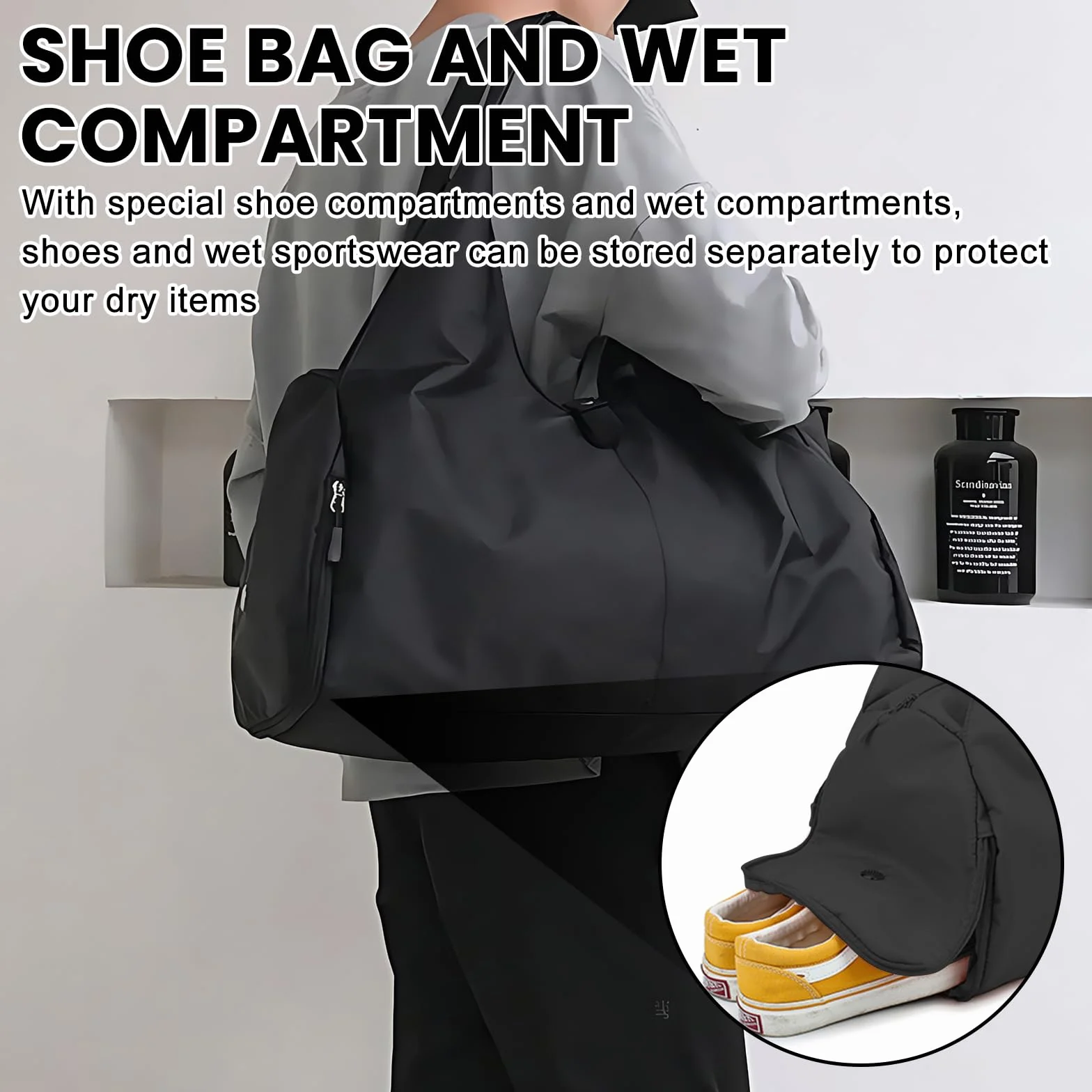 Sac de Sport et Voyage pour Femme avec Compartiment à Chaussures - Imperméable - Pour Tapis de Yoga - Entraînement - Noir