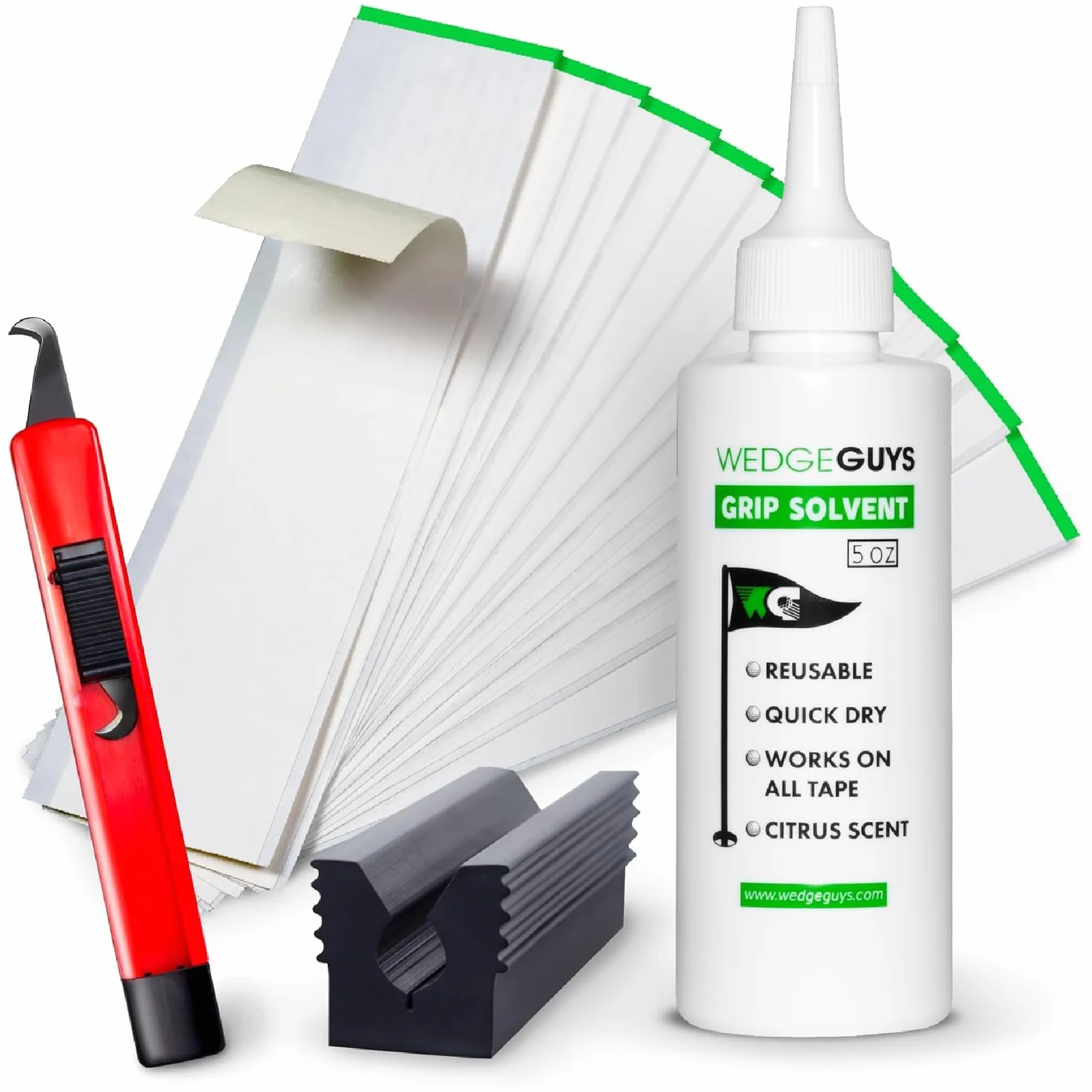 Wedge Guys Kit de grip pour clubs de golf – Qualité professionnelle – Au choix - une lame de crochet, 15 ou 30 bandes adhésives, un solvant de préhension de 15 ou 227 g et un étau en caoutchouc
