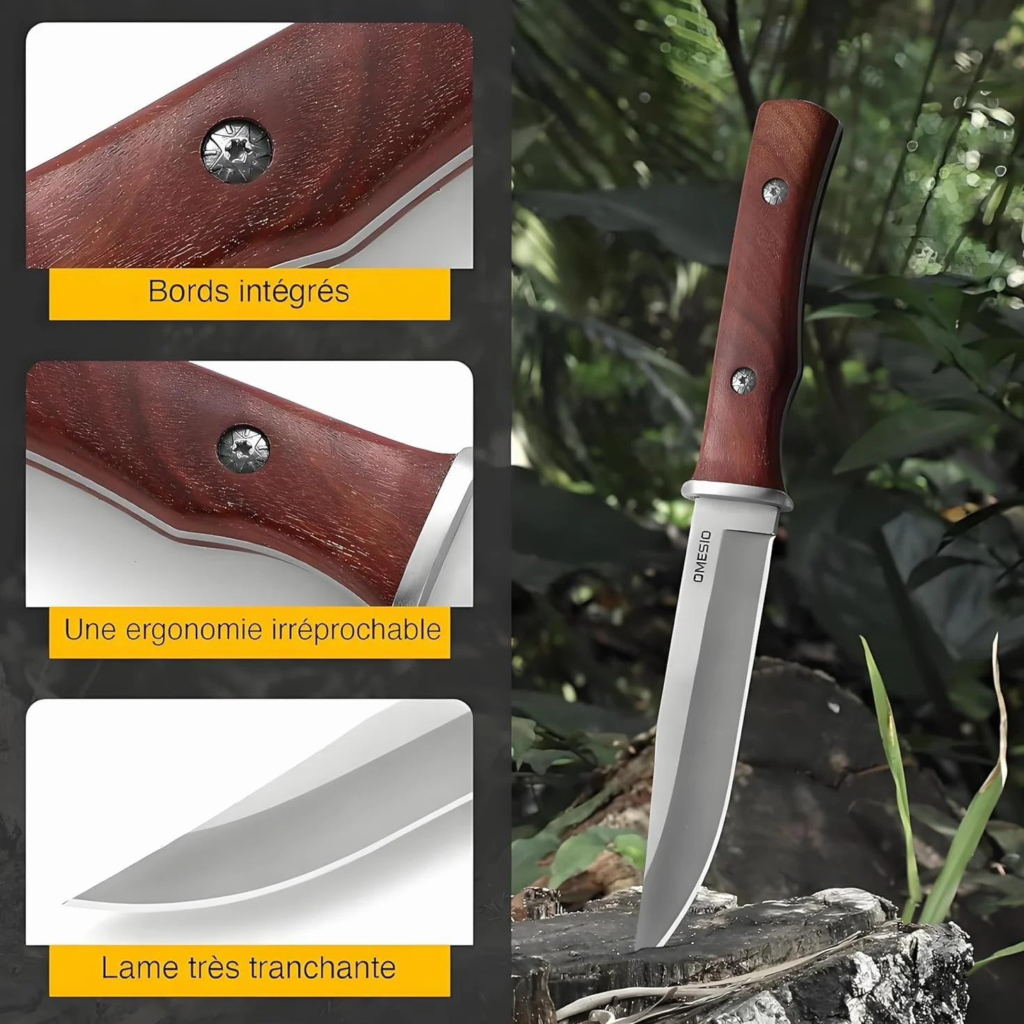 Omesio Couteau Survival Tranchant | Manche en Bois Robuste, Étui en Cuir – Idéal pour Camping Bushcraft, Couteau d’extérieur à lame fixe