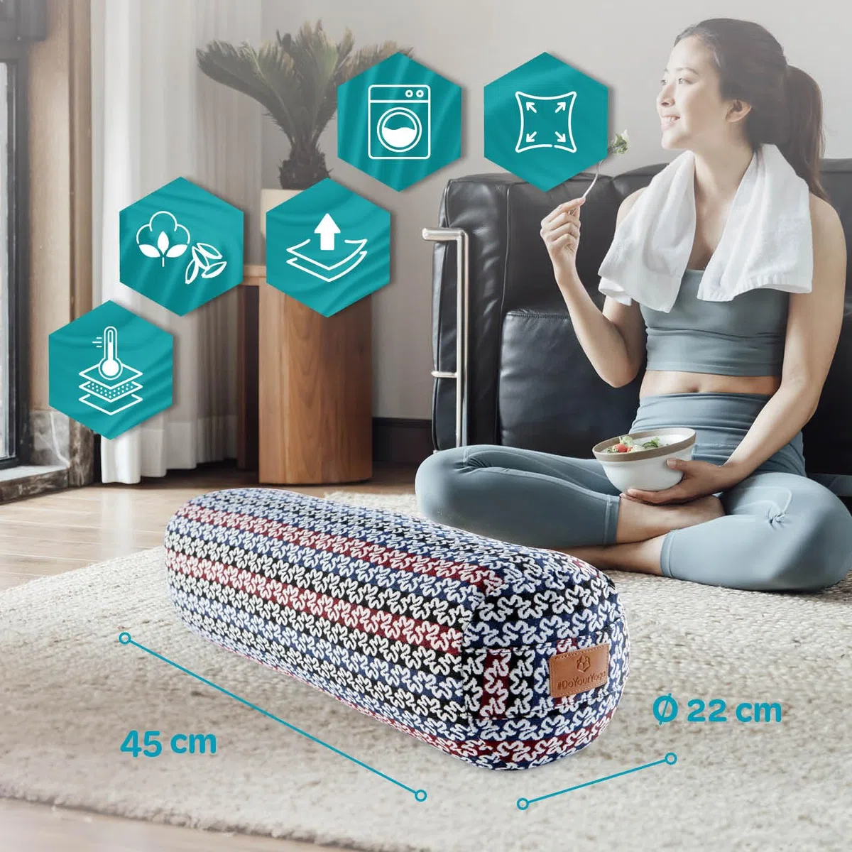 #DoYourYoga Coussin cylindrique pour yoga | 68cm x 22cm | Remplissage d'épeautre bio ou de cosses de sarrasin bio | Housse lavable | Coussin de yoga & siège de méditation | Coussin zafu pour yin yoga