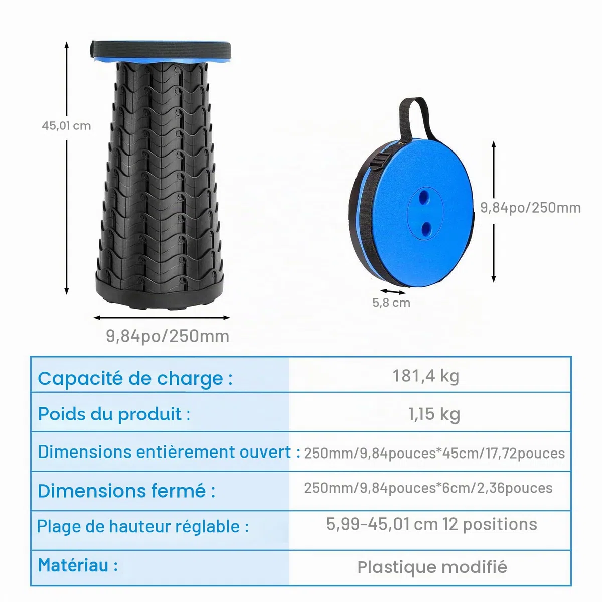 AOKITO Tabouret Pliant,Tabouret Portable de Deuxième Génération, Léger et Stable, Réglable en Hauteur, Charge de 397 LB, pour L'extérieur, Randonnée, Pêche, Barbecue, Intérieur, Voyage, Fête (Bleu)
