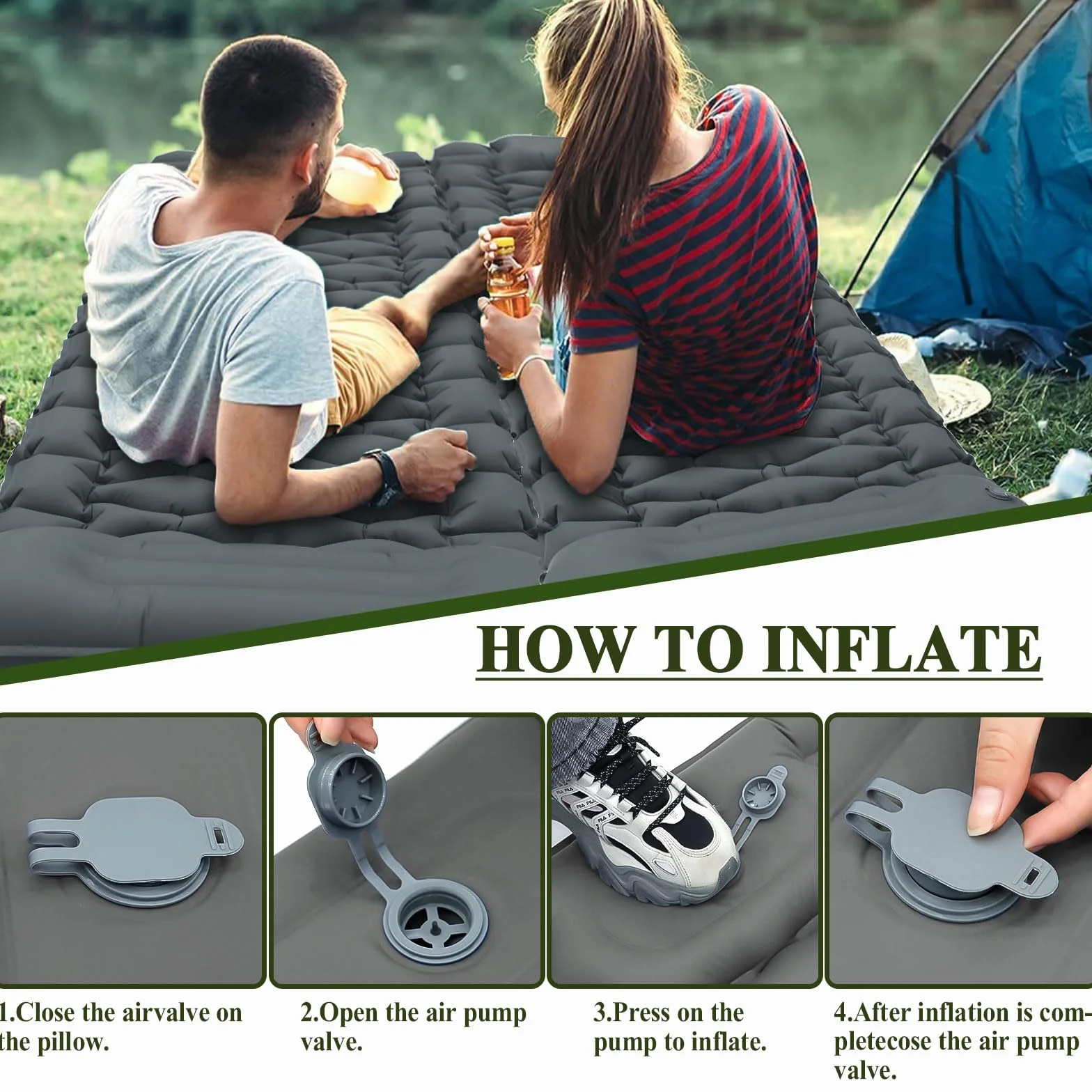 MOYKSRR Matelas de Camping Gonflable, Matelas de Camping Gonflable avec Pompe à Pied & Oreiller, Matelas Gonflable Résistant à l'eau, Portable Tapis de Matelas pour Camping, Voyage, Plage, Tente