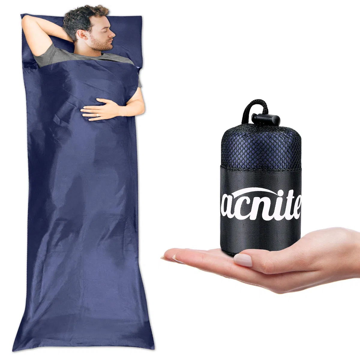 Drap de Sac de Couchage Léger Compact 220 cm x 90 cm en 100% Polyester Microfibre + Compartiment pour Oreiller + Sac Transport pour Maison Voyage Hôtel Camping Randonnée Trekking Femme Homme Enfants