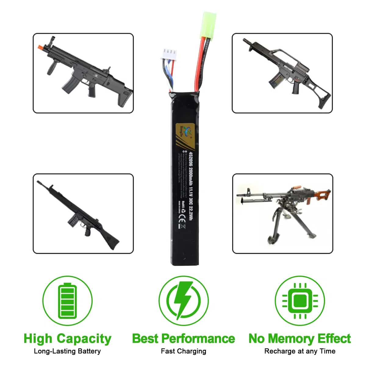 Batterie LiPo Rechargeable 11,1 V 2000 mAh, Compatible avec Le Connecteur Tamiya 3S 30 C pour Airsoft M4, M110, AK47, MP5, Scar, M249, AUG, AEG, MP5K, M60, RPK, PKM et Modèles Réduits