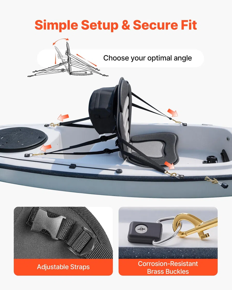 VEVOR Siège de Kayak Universel, Dosseret Sup 12 mm d'Épaisseur, pour Sup Paddle Planche à Pagaie Kayak Gonflable, avec Dossier, Coussin Rembourré Souple, Sac de Rangement et Sangles, Noir et Gris