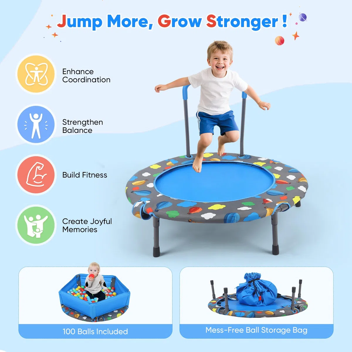 Trampoline de fitness pliable pour enfant - Charge maximale : 150 kg - Silencieux - Avec panier attrape-balles avec housse de sécurité - Trampoline pour enfants