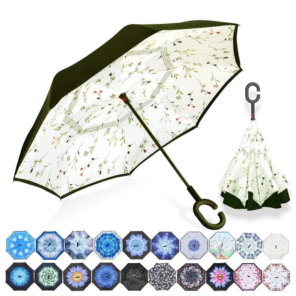 Parapluie double face coupe-vent et protecteur contre les UV - Pliable - Parapluie droit inversé pour hommes et femmes - Autoportant - Poignée en forme de C - pour le golf et les voitures