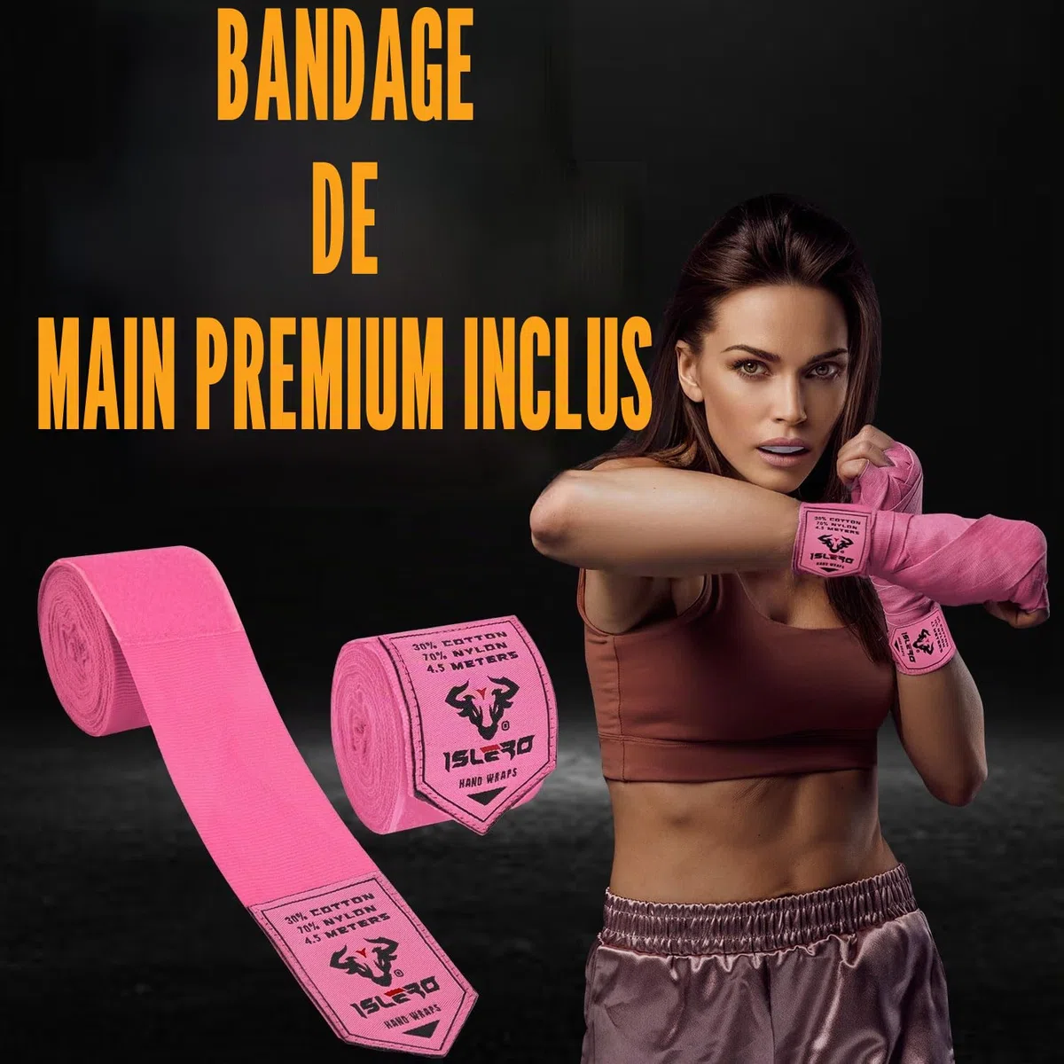 Islero EVO Fitness Gants de boxe noirs mats pour homme et femme Sac de frappe Rose MMA Muay Thai Arts martiaux Kick Boxing Sparring Gants d'entraînement de combat avec bandages
