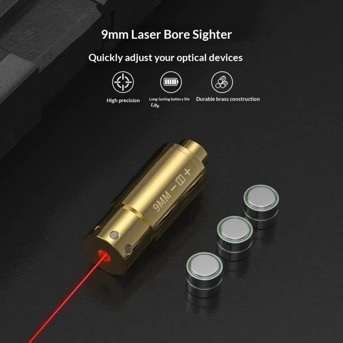 Cartouche de réglage à Point Rouge (Bore Sight) pour 9 mm/Cal. 12 / .45 ACP / .38 Spl / .40 S&W, avec 2 Jeux de Piles