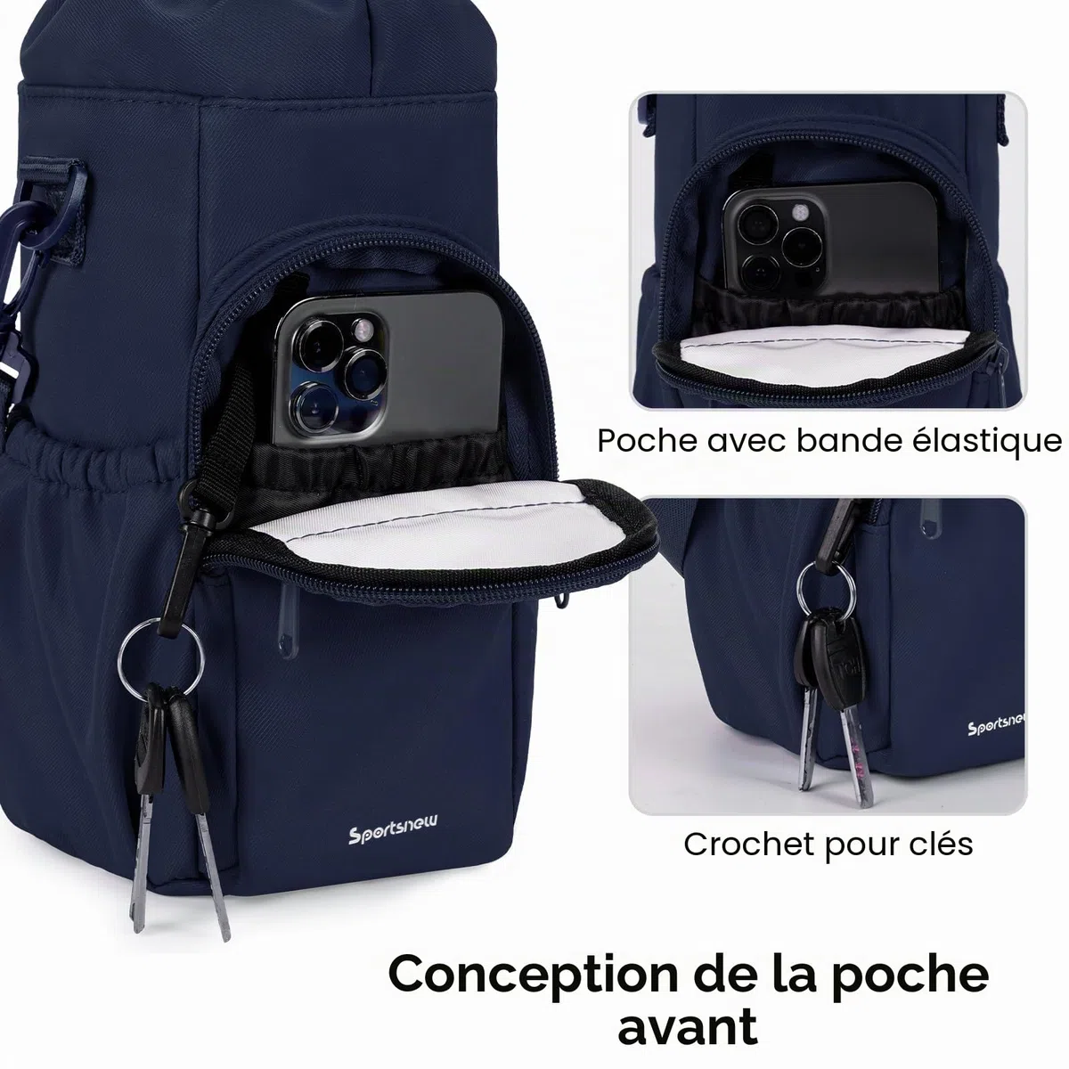 Sportsnew Porte-bouteille d'eau Isotherme 1L Avec Bandoulière et Poche Pour Téléphone - Pour la Marche et la Randonnée, Bleu Marine Pur