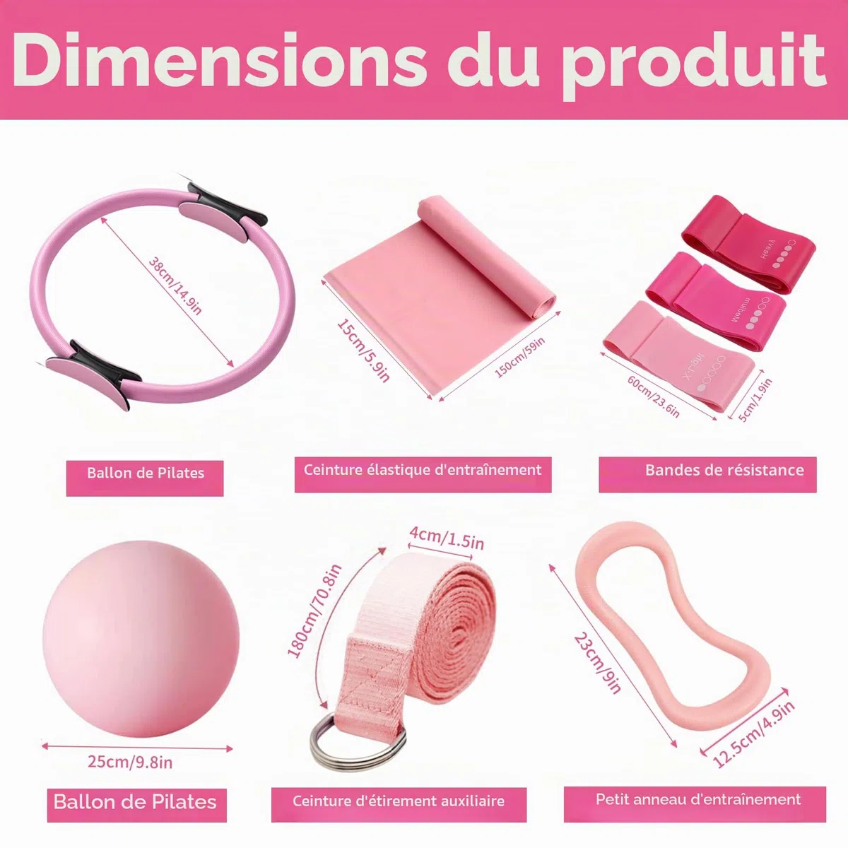Kit Pilates Maison 8 Pcs Pilates Kit Pilates Accessoires Cercle Pilates, Yoga Ball, Resistance Bands, Pilate Ring, Yoga Band, Ceinture Auxiliaire pour La Force, La Flexibilité, La Stabilité