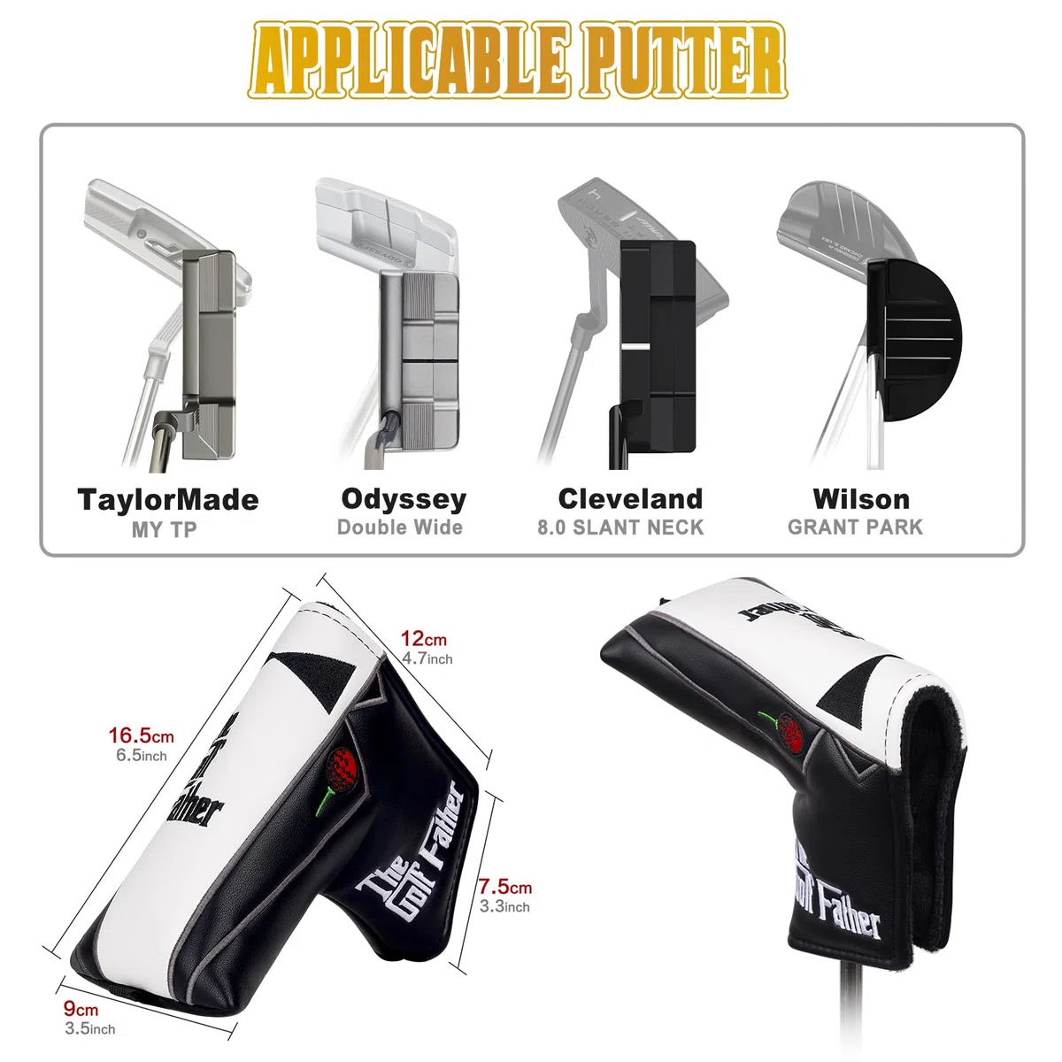 Couvre-clubs de golf en bois pour conducteur/parcours/hybride/1FH/putter/fers à repasser Fermeture élastique Noir et blanc Cuir PU Cadeau