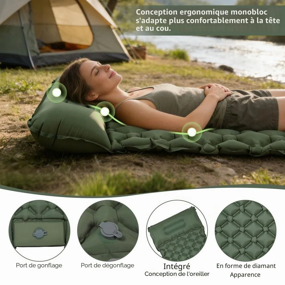 AUYAO Matelas Camping Gonflable, 190x60x5cm Matelas Autogonflant Portable avec Oreiller et Pompe à Pied Intégrée, Tapis de Couchage Matelas Ultra Léger Imperméable pour Tente Trekking Voyage