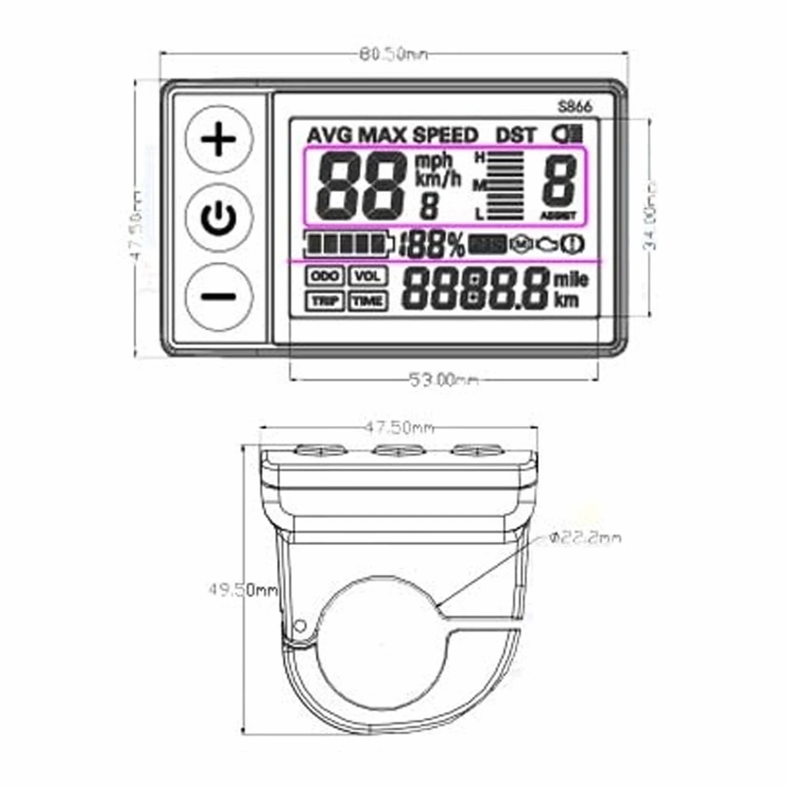 Keenso Vélo électrique S866 LCD Display Meter 24V 36V (par défaut), 48V (réglable) Panneau de Commande avec Prise étanche