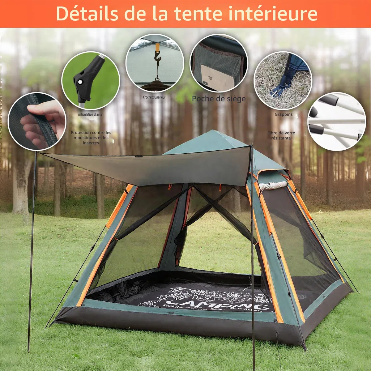 Tente QQ CAT à déploiement rapide 2 places, tente de camping instantanée dôme étanche 3000 mm avec auvent, tente automatique anti-vent pour festival pour adultes 4 saisons, vert/orange