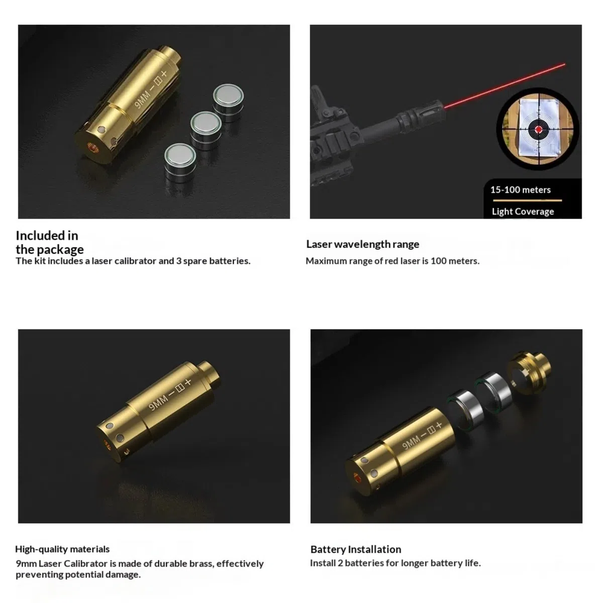 Cartouche de réglage à Point Rouge (Bore Sight) pour 9 mm/Cal. 12 / .45 ACP / .38 Spl / .40 S&W, avec 2 Jeux de Piles