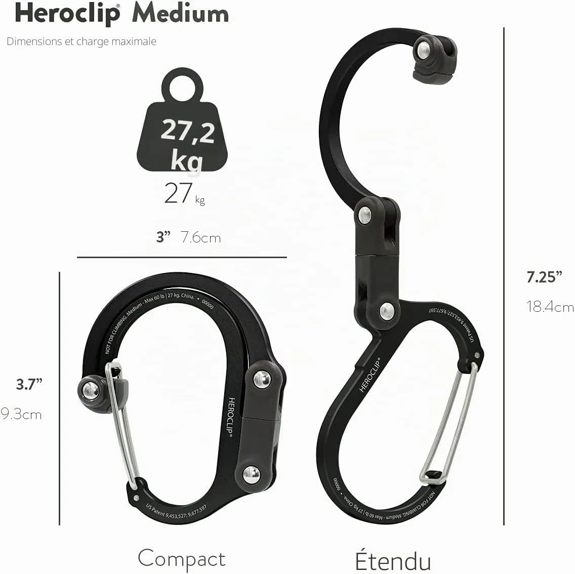 Gear Aid HEROCLIP Mousqueton et Crochet (Moyen) pour Camping, Sac à Dos, valises et Garage