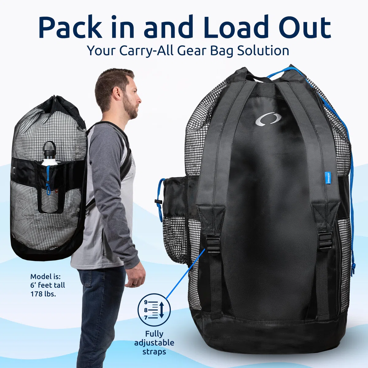 Oceanic Sac de plongée avec tuba, sac de plongée XL en maille, léger, séchage rapide, sangles rembourrées, poche intérieure, idéal pour la plongée avec tuba, équipement de plage et sports de plein air