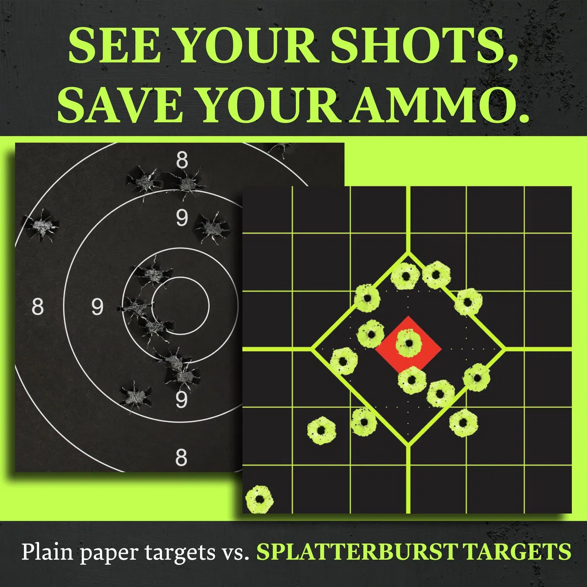 Paquet de 25 – 30,5 x 30,5 cm Sight Dans Adhesif "Stick & Splatter" Cibles Splatterburst - Les coups jaunes brillants sont faciles à voir - Rifles -Pistols- Airguns - AirSoft