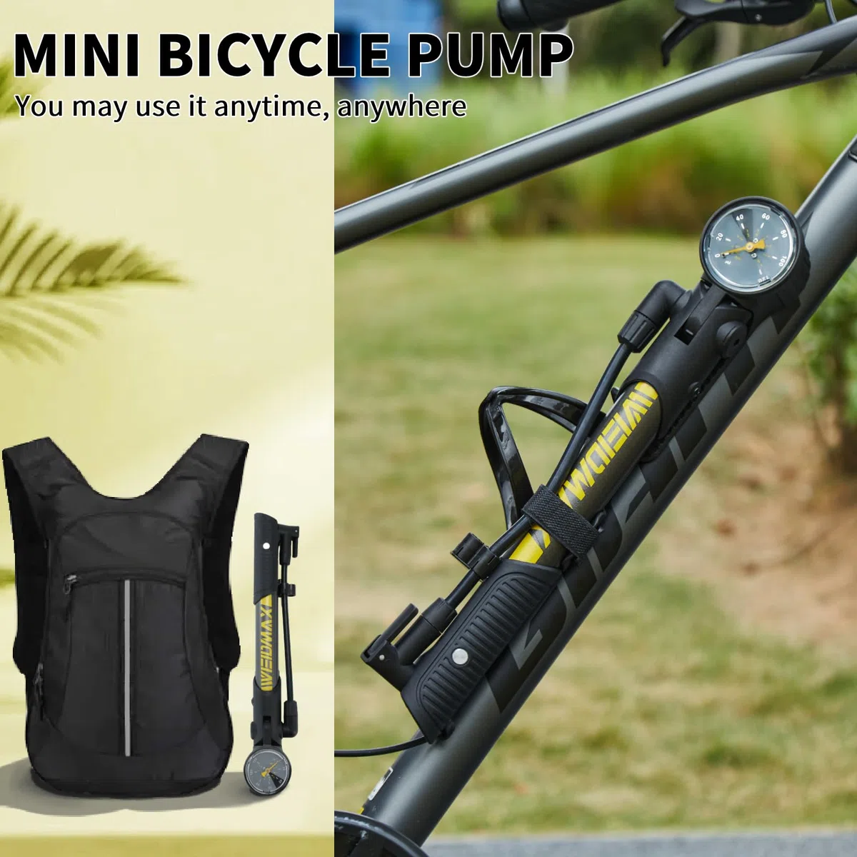 WEIDMAX Pompe à vélo pliable pour tous les vélos, pompe à vélo avec manomètre, pompe à pneu portable montée sur cadre, mini pompe à vélo avec valves Presta et Schrader, pompe de piste multifonction