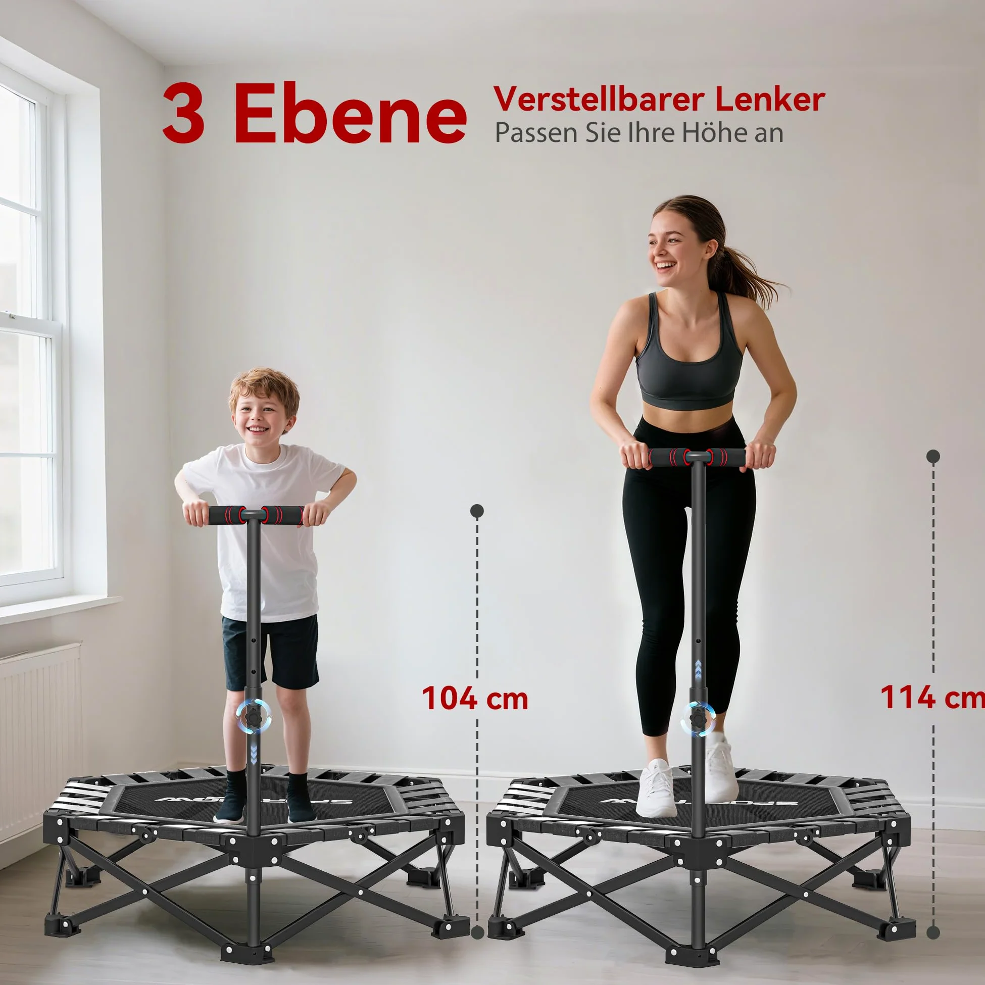 SPORTNOW Trampoline de fitness pliable - Ø104 cm - Mini trampoline avec mécanisme de pliage rapide - Poignée réglable en hauteur 3 positions - Sac de transport - Trampoline silencieux pour intérieur