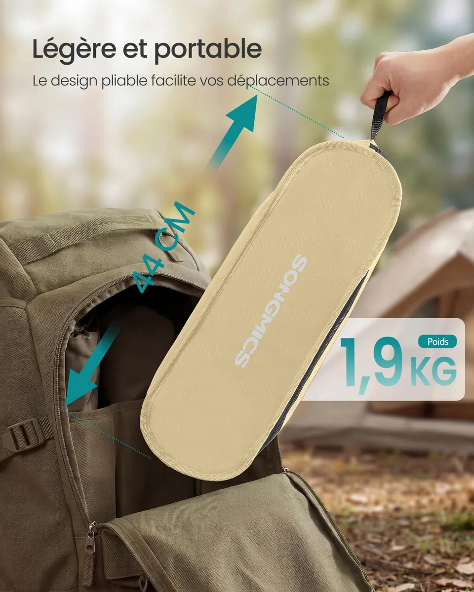 SONGMICS Chaise de Camping Dossier Haut, Chaise de Plage Pliante Hauteur Réglable, Structure en Acier, Supporte 150 kg, 2 Poches de Rangement, Appuie-Tête, pour Voyages, Marron GCB051KZ01