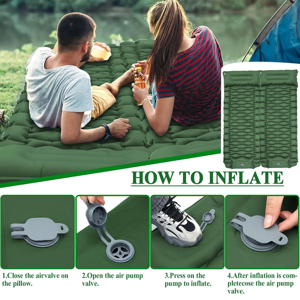 Tapis de Camping Gonflable Ultraléger avec Oreiller, Pompe à Pied intégrée, Portable, Matelas Pneumatique Simple, Matelas Autogonflant Tapis de Camping pour Randonnée, Vert