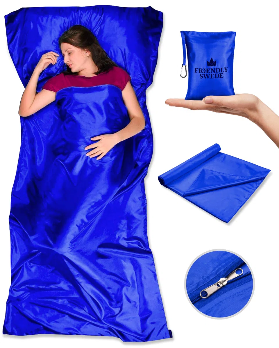 The Friendly Swede Sac de Couchage Inlay pour Camping et Voyage, Ultra léger, Petit encombrement, Soyeux Frais ou Chaud, coutil en Microfibre avec Sac de Compression