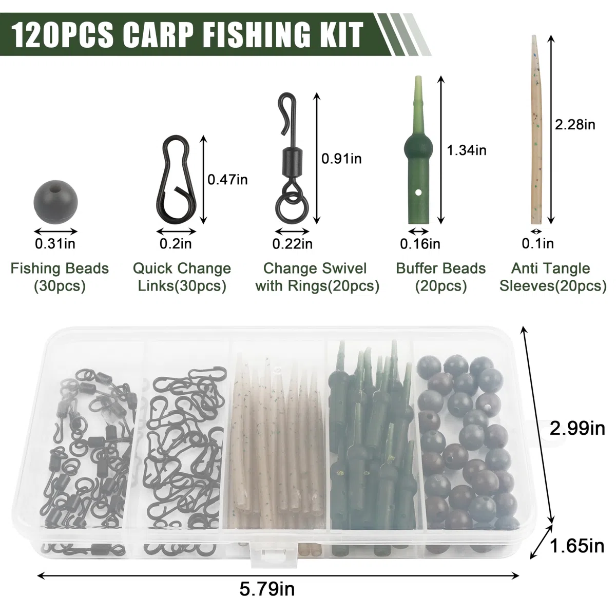 Lot de 120 accessoires pour hélicoptère de pêche à la carpe - Manchons anti-nœuds - Changement rapide - Clips et perles