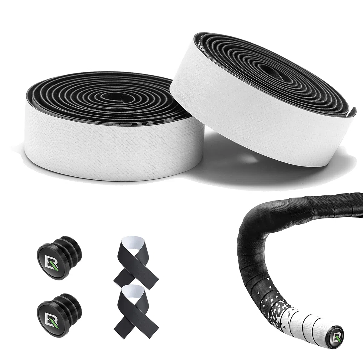 ROCKBROS Ruban pour Guidon, Guidoline de Vélo de Route, Poignées Antidérapant Anti-Choc en EVA Noir, Bande Adhésive avec 2 Bouchons, Blanc