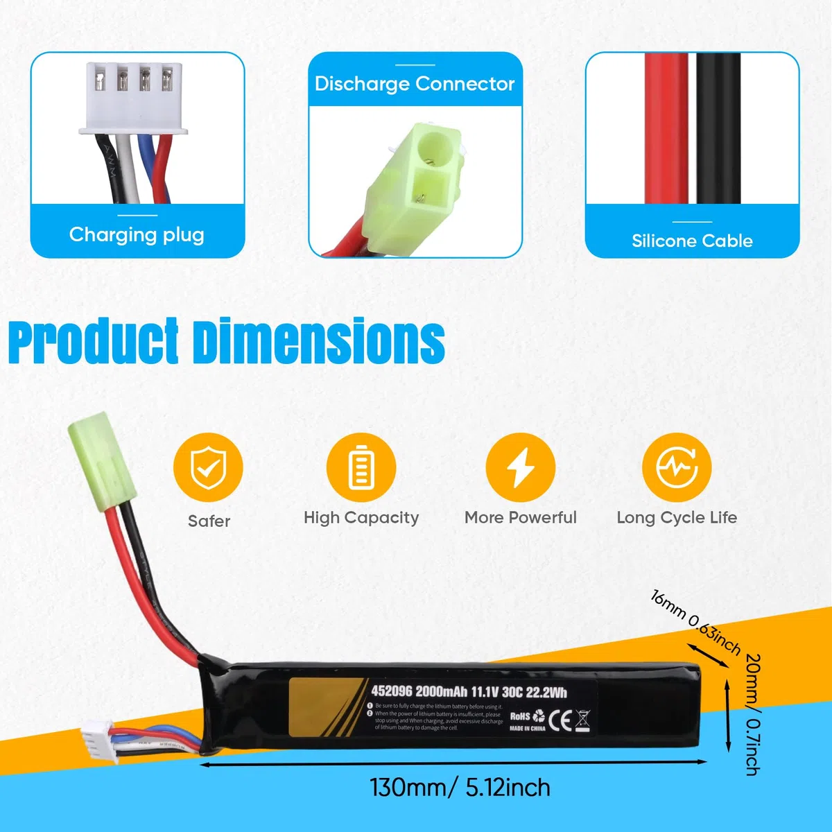 11,1 V 2000 mAh 30C 3S LiPo Rechargeable Batterie avec Mini Tamiya Connecteur, 22,2Wh Pack Compatible avec Airsoft M4, M110, AK47, L85, MP5, Scar, M249, AUG, AEG, MP5K, M60 Airgun Model