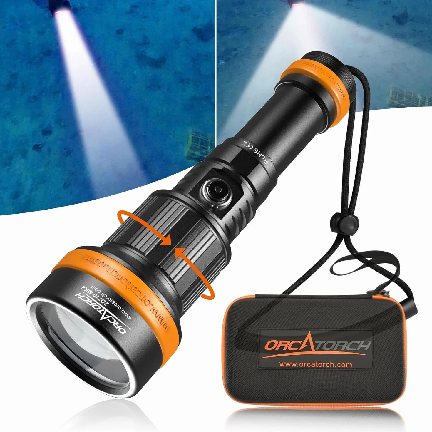 ORCATORCH ZD710MK2 4°-72° Zoom Lampe de Plongée sous Marine, 1500 Lumens Lampe Plongée LED avec 4 Modes Spot et Faisceau Large 2-en-1, IP68 Torche Sous-Marine 150M pour Plongée Technique & Nuit