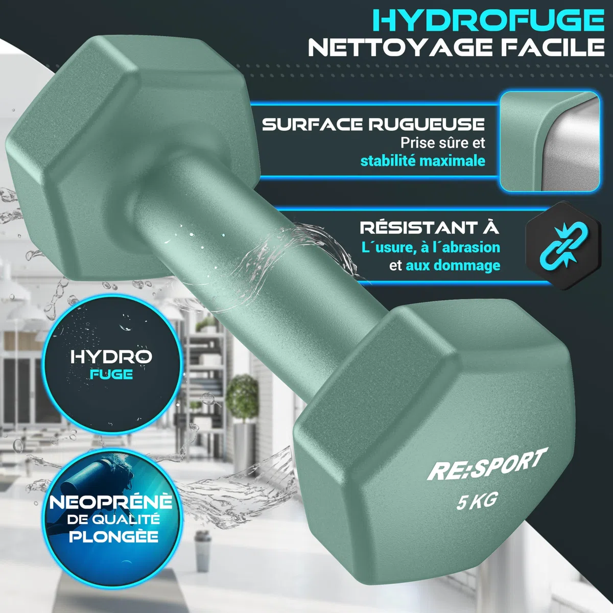 RE:SPORT® Lot de 3 paires d'haltères, 1 kg - 5 kg, 12 kg ou 18 kg - Avec support et 3 bandes de fitness - En néoprène antidérapant - Pour homme et femme
