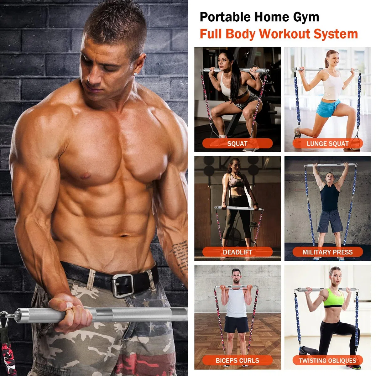 DASKING Appareil de fitness portable pour la maison avec 8 bandes de résistance empilables incassables, ensemble de barres de gymnastique pour la maison - Barre amovible 227 kg 2 en 1 avec rubans, appareil d'entraînement complet du corps.