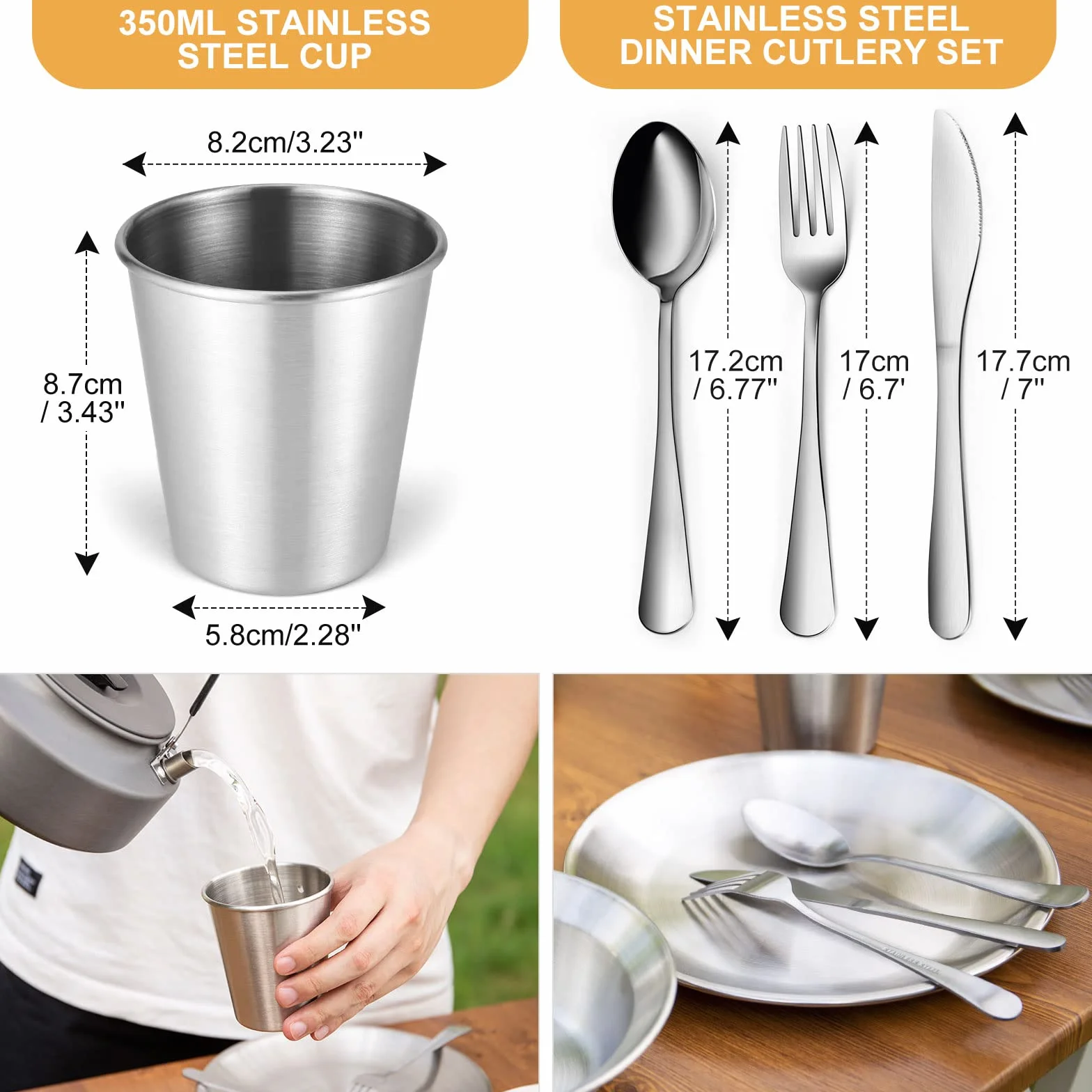 Odoland Set de Couverts Camping, Kit de Vaisselle en Acier Inoxydable Poli avec Assiette Bol Tasse Fourchette Cuillère Couteau Sac de Voyage Portable, pour Cuisine Camping Randonnée Pique-Nique