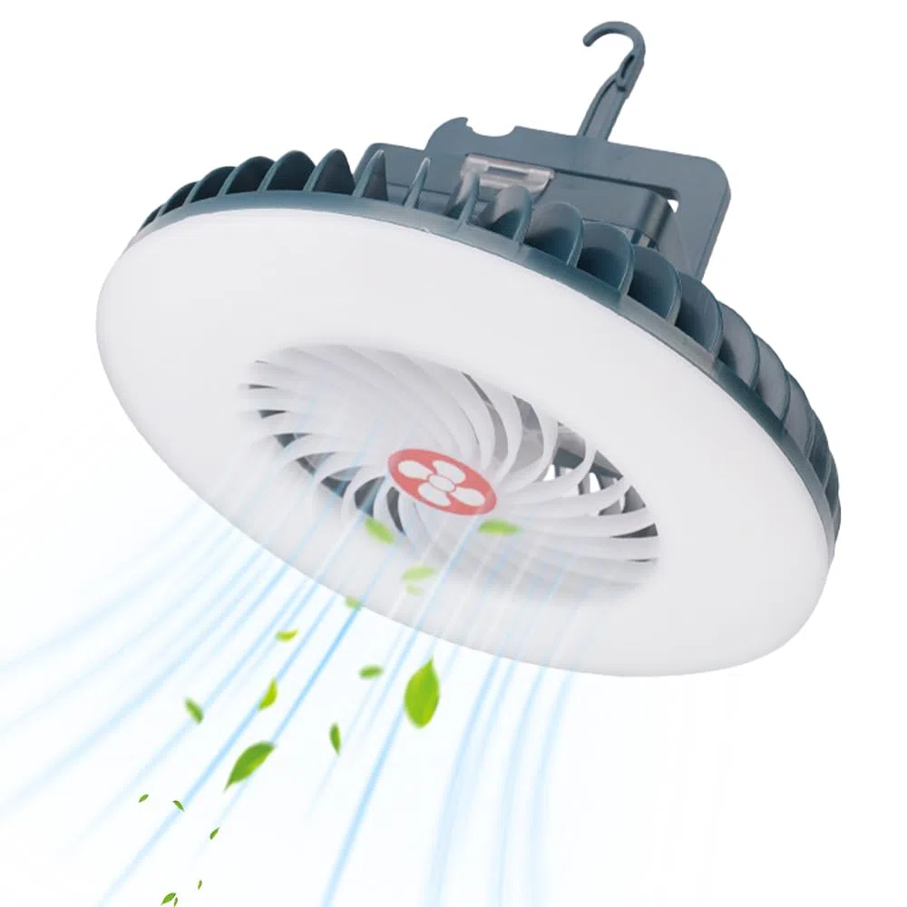 Ventilateur Lampe de Camping LED, Lampe de Tente LED avec Ventilateur Rechargeable USB, Ventilateur USB léger, Lumière avec Aimant Crochet Suspension, pour Camping Gril (bleu)