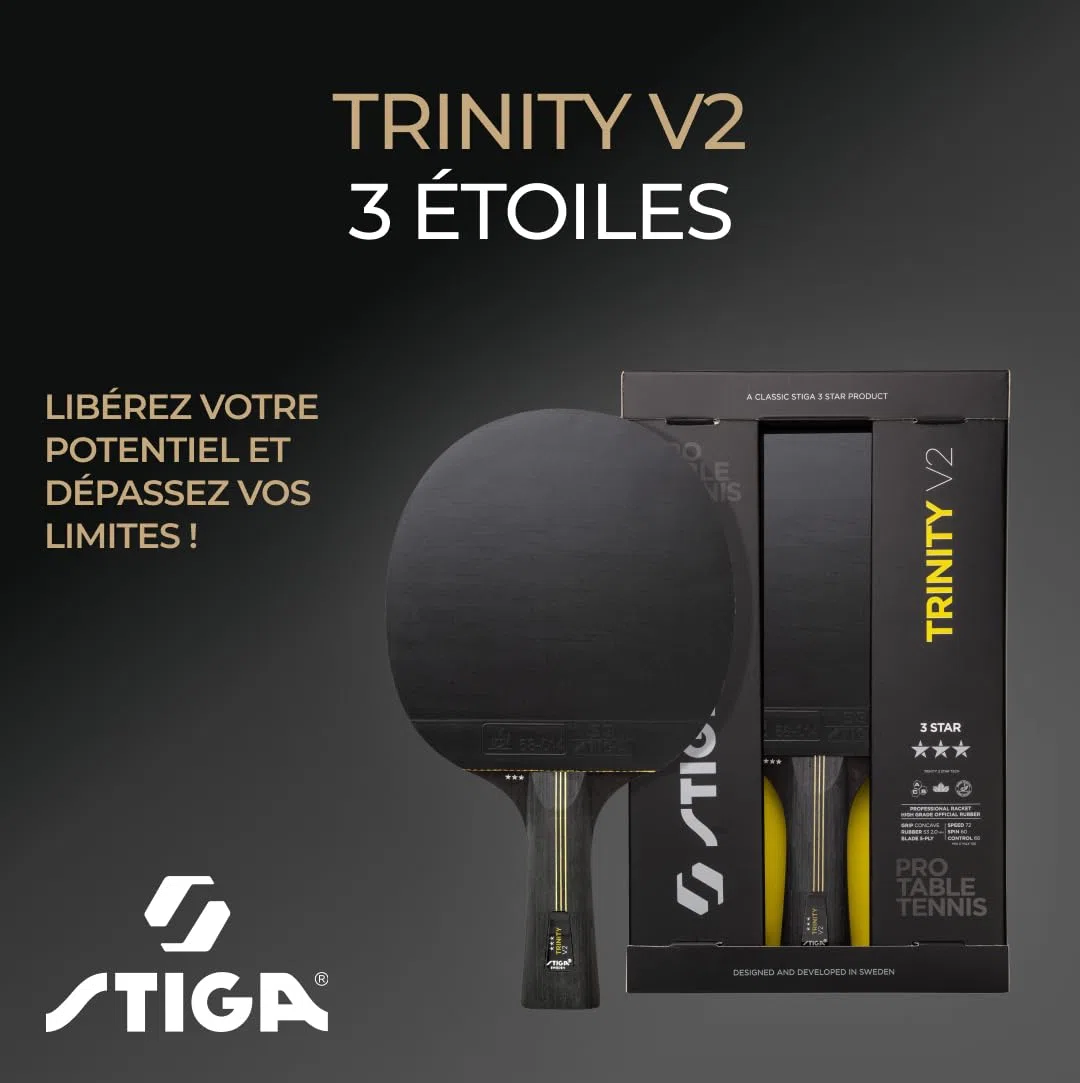 STIGA Trinity V2 Raquette de Ping-Pong, Raquette de Tennis de Table 3 étoiles, Revêtements approuvés par l'ITTF, Prise Ergonomique - pour Les Joueurs offensifs