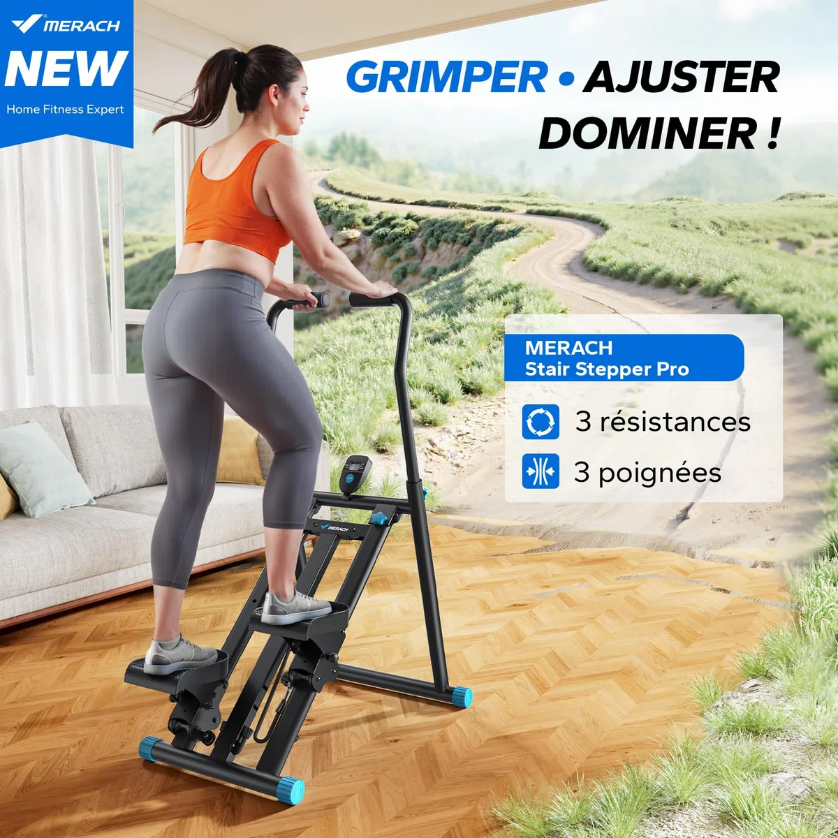 MERACH Stepper Escalier, Stair Stepper Pro,Stepper Fitness Appartement pour la Maison avec résistance réglable en 3 étapes,Folding Cardio Vertical Sport Climber avec Guidon réglable pour Büro
