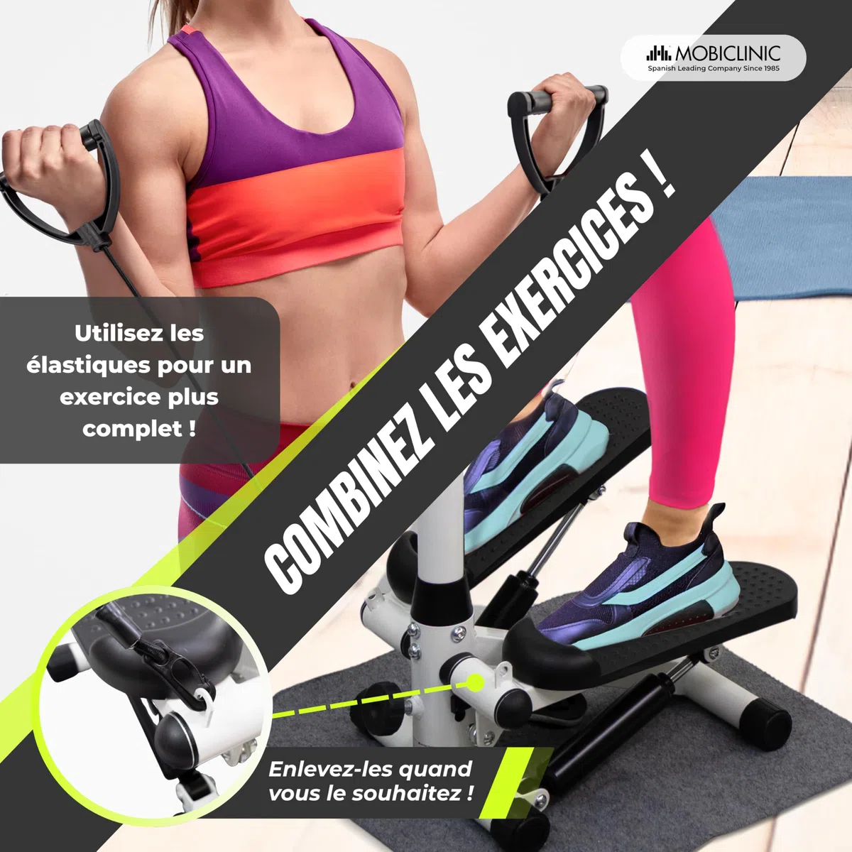 Mobiclinic®, Stepper avec Guidon, Hauteur Réglable, Écran LCD, Intensité Réglable, Pédales Antidérapantes, Appareil Pas à Pas, Compact, Exercice à Domicile, Step-Pro
