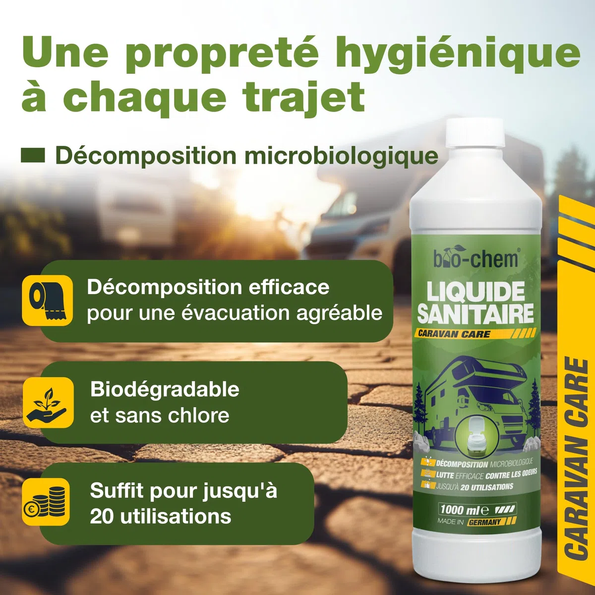 Bio-Chem - Liquide sanitaire Nouvelle Formule avec microorganismes pour Toilette Chimique Caravane - Additif sanitaire concentré pour Toilette Portable de Camping - Verre doseur Inclus