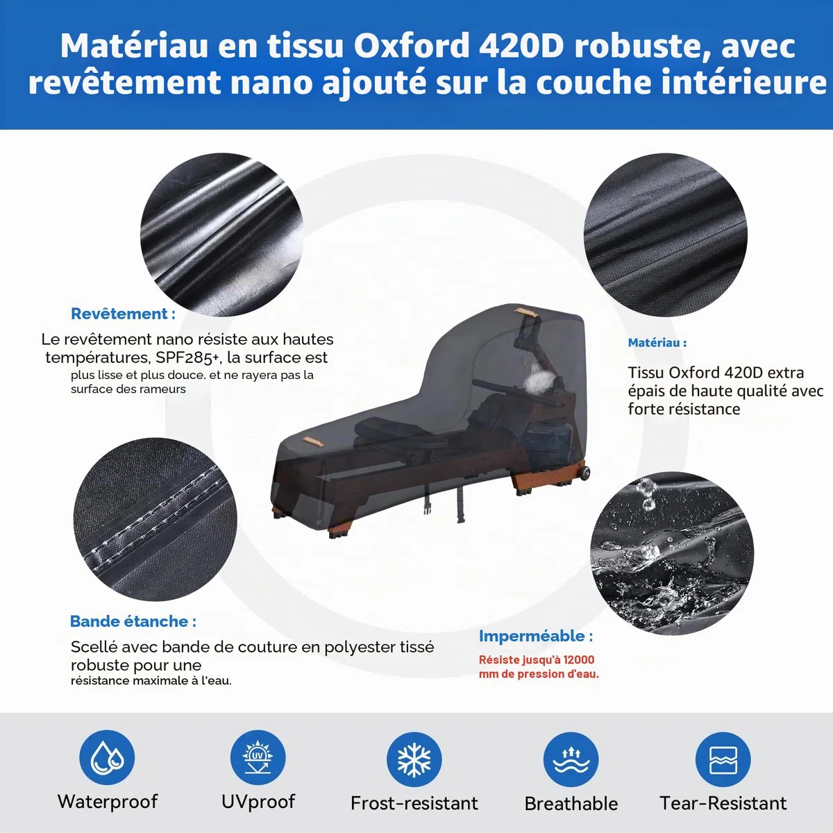 Housse de rameur, 420D robuste pour équipement de fitness Concept 2, imperméable, coupe-vent, 2 poignées, accessoires inclus
