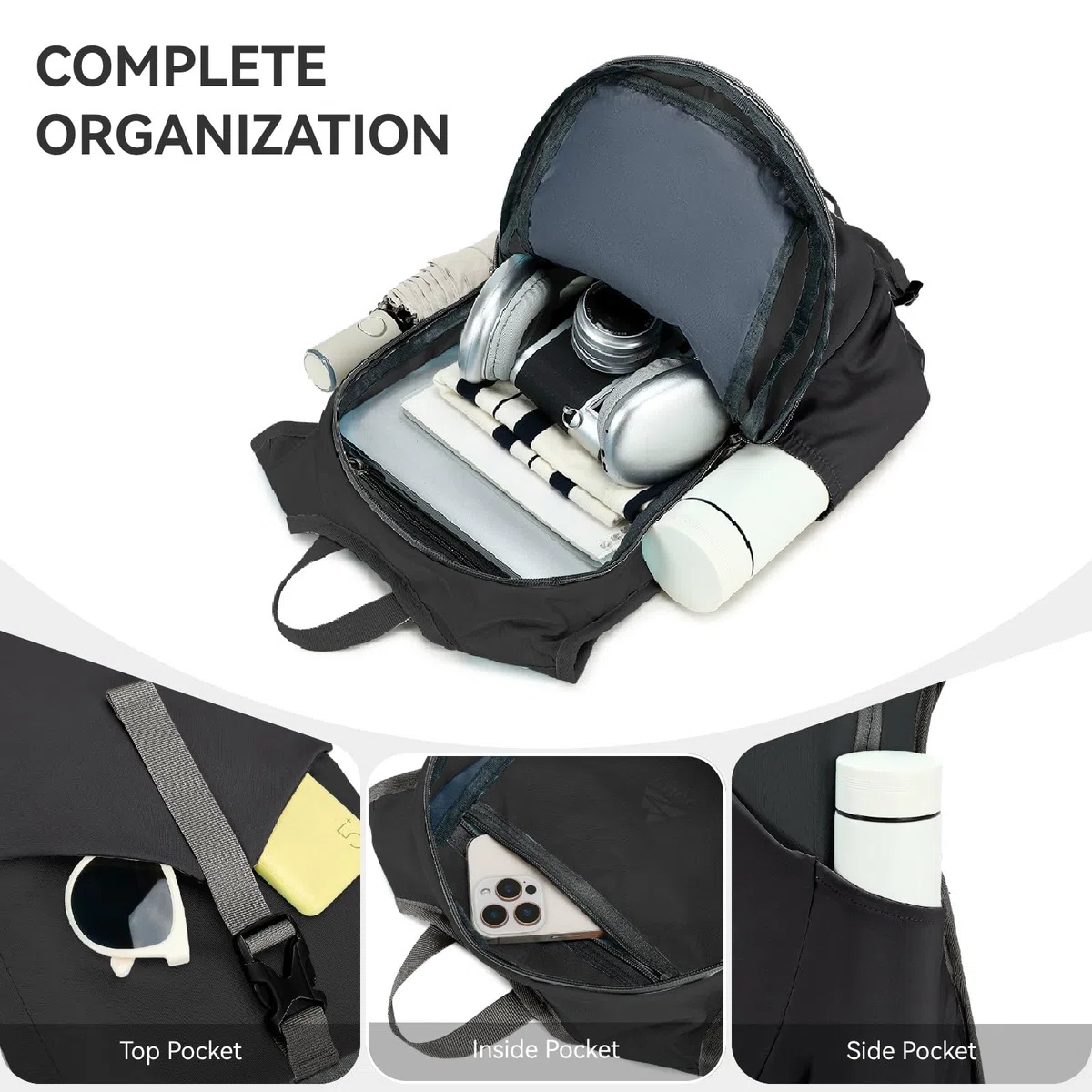 Petit Sac à Dos de Randonnée 15L pour Hommes Femmes, Léger Sac à Dos Pliable pour les Voyages en Ville, Noir