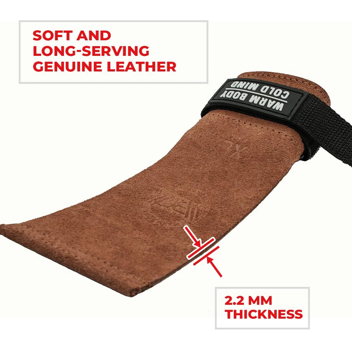 WARM BODY COLD MIND Poignées en cuir sans trous avec soutien de poignet pour haltérophilie, powerlifting, gymnastique, cross-training, tractions, musculation, protection des paumes
