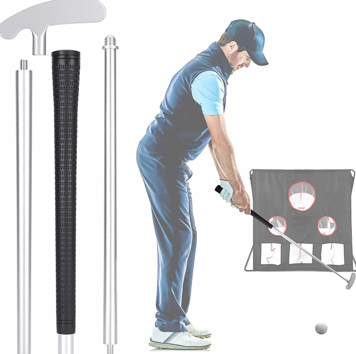LEAGY - Putter pour gaucher ou droitier en 4 Parties - Alliage de Zinc Blanc - avec 2 balles Blanches et Un Sac Noir