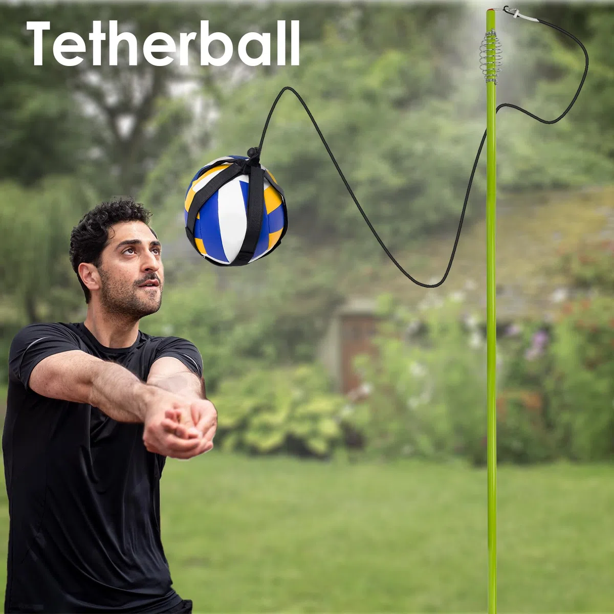 WodGod Ensemble de balle de tennis et de tetherball, équipement de Tetherball avec poteau pour jardin et extérieur, avec poteau réglable en hauteur de 2 m, 2 balles de tennis avec corde, 2 raquettes
