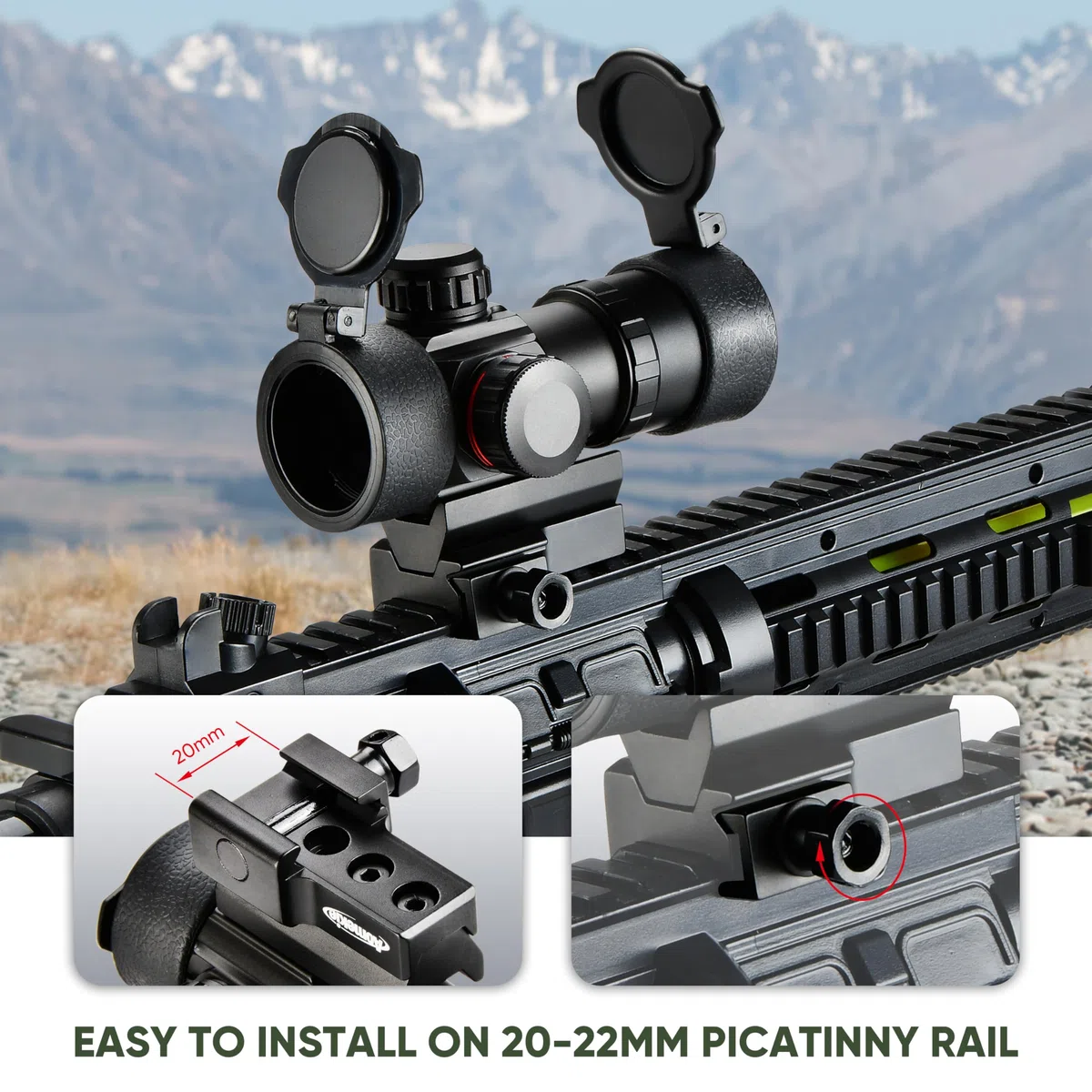 Aomekie Mire à Point Rouge/Vert Airsoft Lunette de visée à Réglages de lLuminosité Multiples avec Montage sur Rail Weaver/Picatinny 20mm/22mm et Cache-Objectif Rabattable Lunette de Visée