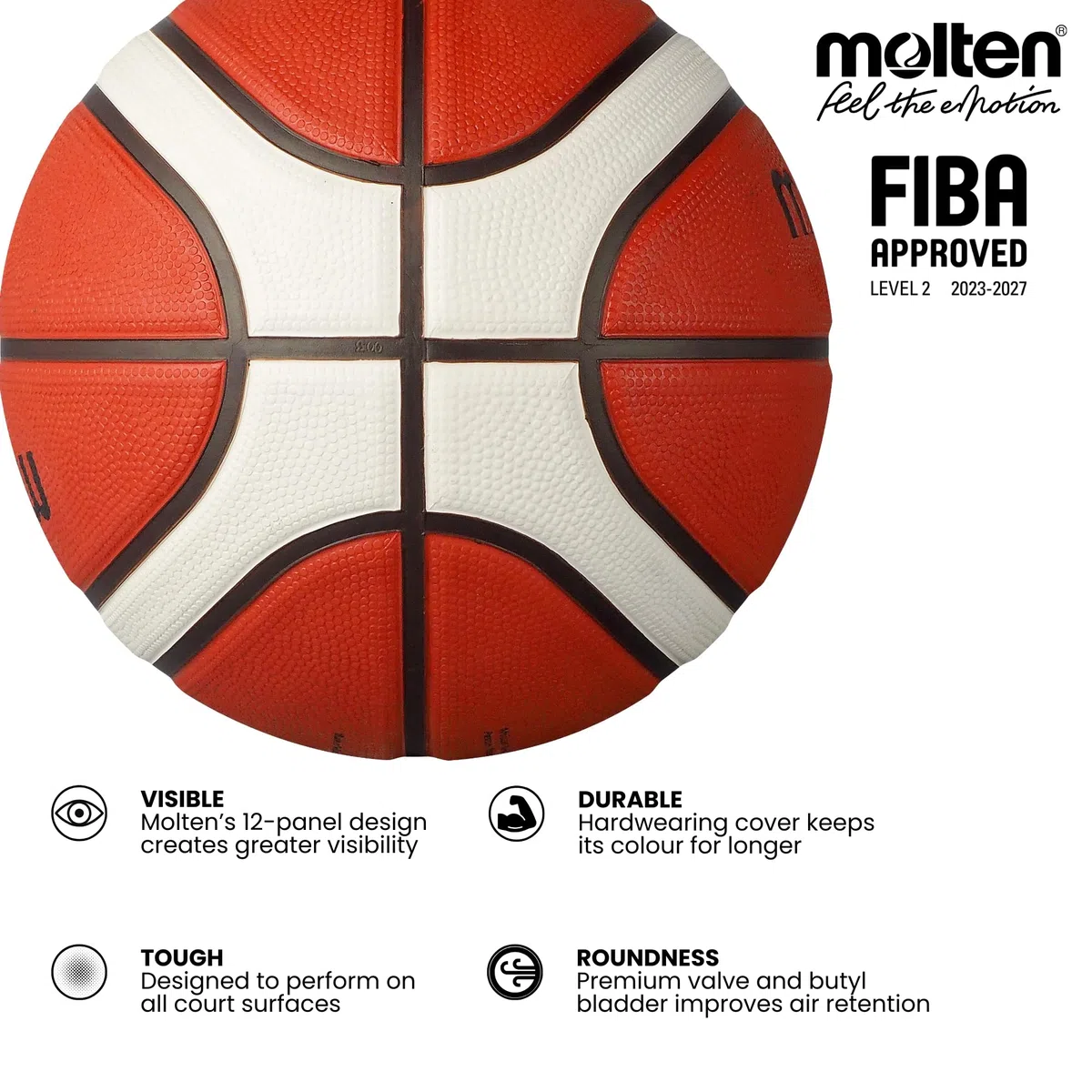 Molten BG2010 Ballon de Basketball en Caoutchouc avec Coutures Profondes Approuvé par la FIBA pour intérieur/extérieur Orange/Ivoire