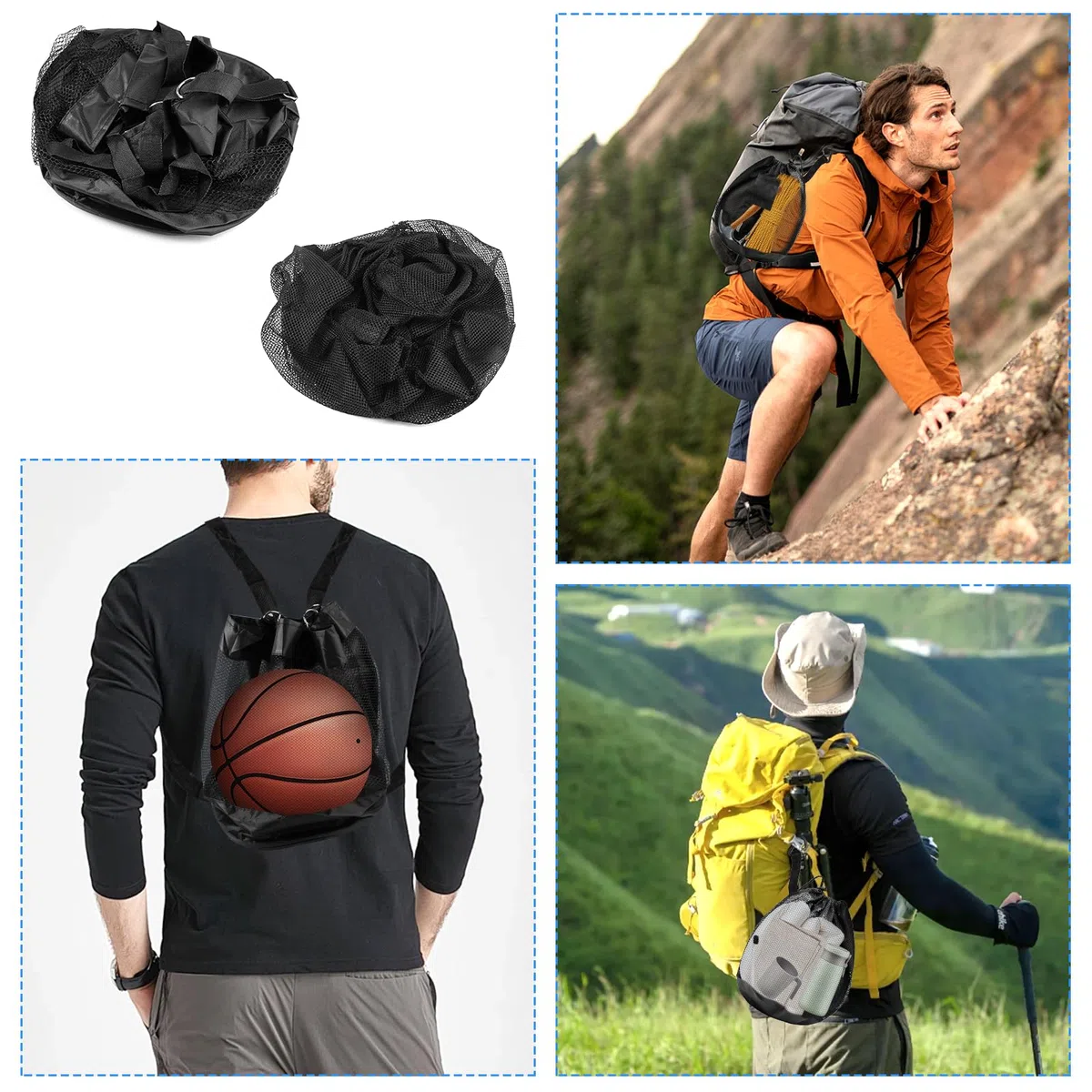 2 Pièces Sac à Dos De Basket-Ball, Sac en Filet, Sac Ballon De Basket - Filet Pliable Zippée et Mousqueton, Bandoulière Réglable Filet Ballon avec Cordon pour La Natation, Le Fitness et Les Voyages